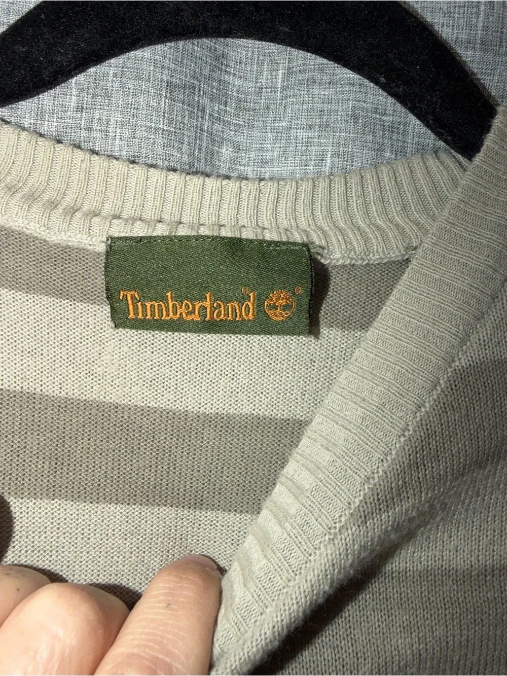 Timberland Beige and Cream Striped Crewneck Sweater Medium